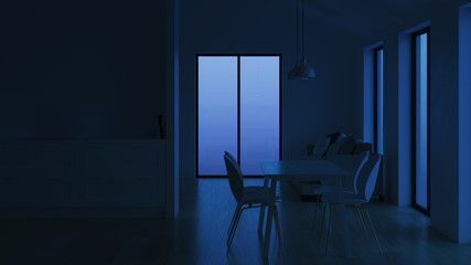 Naklejka na ściany i meble Modern house interior. Night. Evening lighting. 3D rendering.