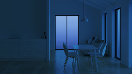 Modern house interior. Night. Evening lighting. 3D rendering.