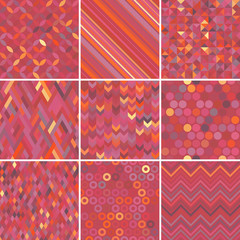 Set with nine seamless abstract geometric pattern, vector illustration. Pink, orange colors.