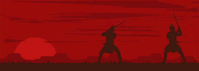 Silhouette of two Japanese Samurai sword fighting, Vector Illustration © rexandpan
