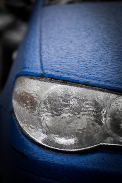 Frozen headlight of a car