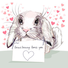 Cute Valentine love greeting card with pretty bunny and pink hearts