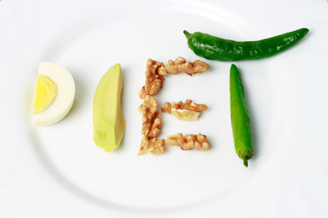 Inscription Diet made of nuts, eggs and avocado. weight loss concept