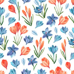 Seamless pattern with watercolor crocuses. Spring bright flowers. Seamless background.