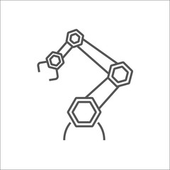 Robotic arm line icon on white background. Mechanical hand. Industrial robot manipulator. Modern industrial technology. IoT, Internet Of Things, AI logo. EPS 10