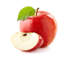 Red apple with leaf isolated on white