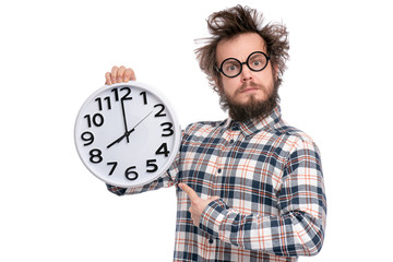 Crazy bearded man with big clock