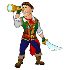 The young pirate looks into a telescope and holds a sword in his hand. Vector illustration. Eps 10