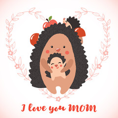 Happy mothers day card with cute hedgehogs.