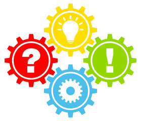 4 Zahnräder Frage, Arbeit, Idee & Antwort Bunt