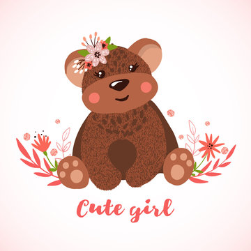 Cute hand drawn bear girl isolated on white.