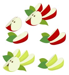 Apple fruit red and green. Apple quarter, slices and apple leaf isolated on white background. Apples vector illustration set isolated on white