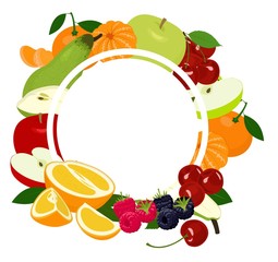Fruits background frame. Assorted colorful fruits arranged in a circle on the white background, copy space for text in the middle. Vector illustration