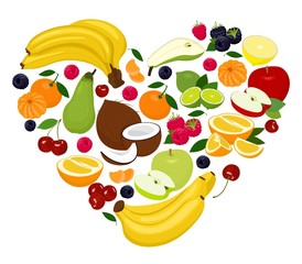 Heart shape by various fruits. Heart of coconut, pear, lime, raspberry, blackberry, apple, cherry, mandarin, banana, orange, grapefruit. Vector