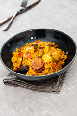 Prawn with rice - closeup of prawn with rice - traditionnal spanish food paella