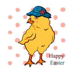 Spring festival chicken girl in a hat blue. Postcard with Easter symbols. Background with pink dot. Happy Easter. For your design - Vector graphics