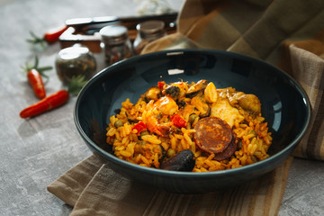 Prawn with rice - closeup of prawn with rice - traditionnal spanish food paella
