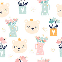 Seamless pattern with cute bear and bouquet of flowers. Kids pastel print. Vector hand drawn illustration.