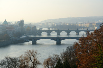 Morning view of bridges and Vltava River from observation deck of Ganavsky Pavilion, Prague, Czech Republic