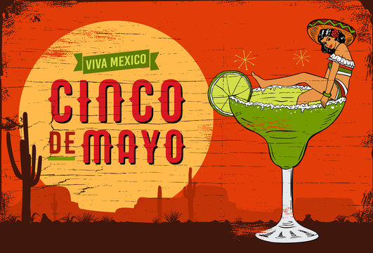 Cinco De Mayo, Traditional Mexico Holiday, A Mexican Girl In A Margarita Cocktail, Vector