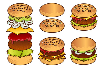 Burger and element food icon set. Cartoon hand draw set of burger element food icons for web design, menu, game