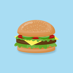 Vector illustration Hamburger with cheese, beef, salad,tomato on blue background. Fast food.