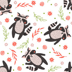 Seamless pattern with cute raccoons on white.