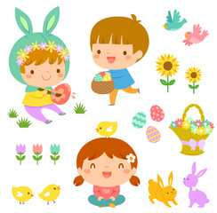 Set of Easter illustrations with cute kids, animals and flowers