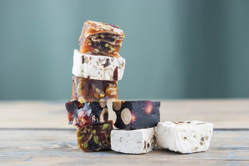 Turkish delight on a dark wood background