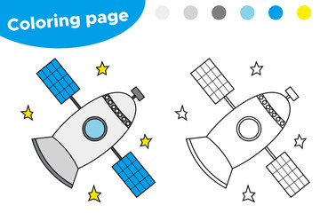 Printable coloring page with satellite. Educational game for preschool kids. Space day. Vector illustration.