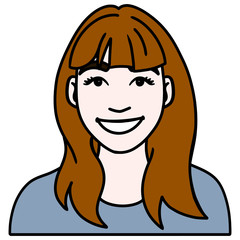 Hand drawn vector illustration of a young woman with brown hair who laughs in the. gray sweater, isolated.