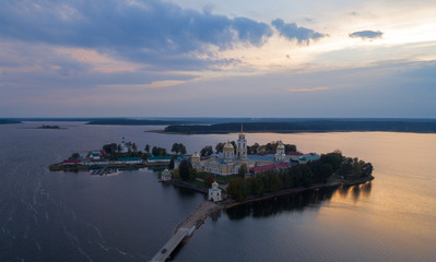 Fototapeta premium Aerial photo of St. Nilo Stolobensky monastery on Seliger Lake.
