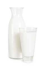 A bottle of milk and a glass of milk isolated on a white background