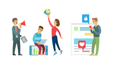 Man sitting with laptop, woman holding letter, manager with loudspeaker and standing person with phone. Portrait view of workers, using gadgets vector