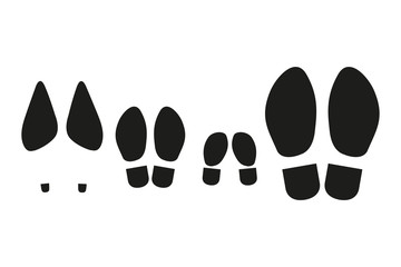 Prints of the soles of a family of four. Set of  black icons Isolated on white background.