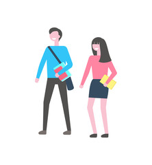Fototapeta premium College or school teenagers, faceless characters, university learners. Male and female students vector isolated cartoon people with textbooks, man with bag