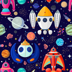 Seamless pattern of planets and spaceships in open space. Vector illustration cartoon style