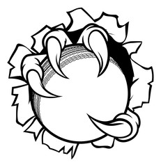 Eagle, bird or monster claw or talons holding a cricket ball and tearing through the background. Sports graphic.