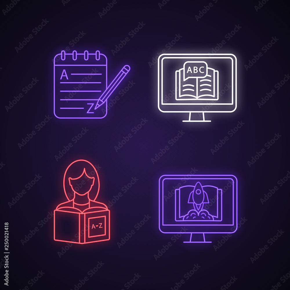 Poster foreign language learning neon light icons set