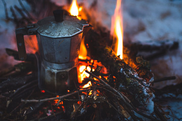 Snow forest, winter camp fire coffee tea mokka, wharm drink, coffee, tea, outdoor travel hiking...