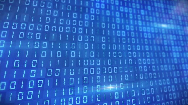 3d videoanimation of a blue binary code. Motion background - depth of field.