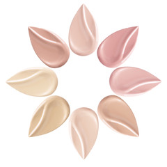 Smears of foundation for face. Conceptual flower from concealer smears. Isolated on white background