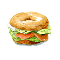 Bagel with cucumber, salmon, cream cheese. Watercolor illustration isolated on white background. Vector - 250021856