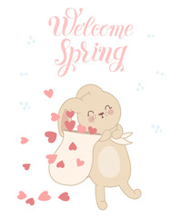 Vector poster with cute rabbit with bag and hearts. Spring slogan