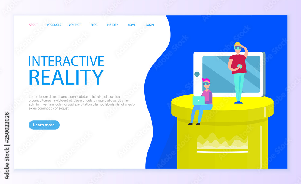 Poster interactive reality website with info and users vector. internet technologies and new era of communi