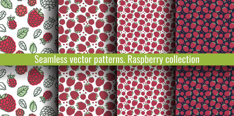 Raspberry seamless pattern set. Juicy berry collection. Hand drawn color vector sketch background. Colorful doodle wallpaper. Summer print