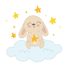 Vector poster with cute rabbit on a cloud