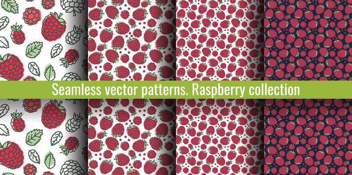 Raspberry seamless pattern set. Juicy berry collection. Hand drawn color vector sketch background. Colorful doodle wallpaper. Summer print