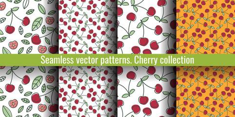 Cherry seamless pattern set. Juicy berry collection. Hand drawn color vector sketch background. Colorful doodle wallpaper. Summer print