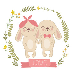 Vector poster with cute rabbits in floral wreath